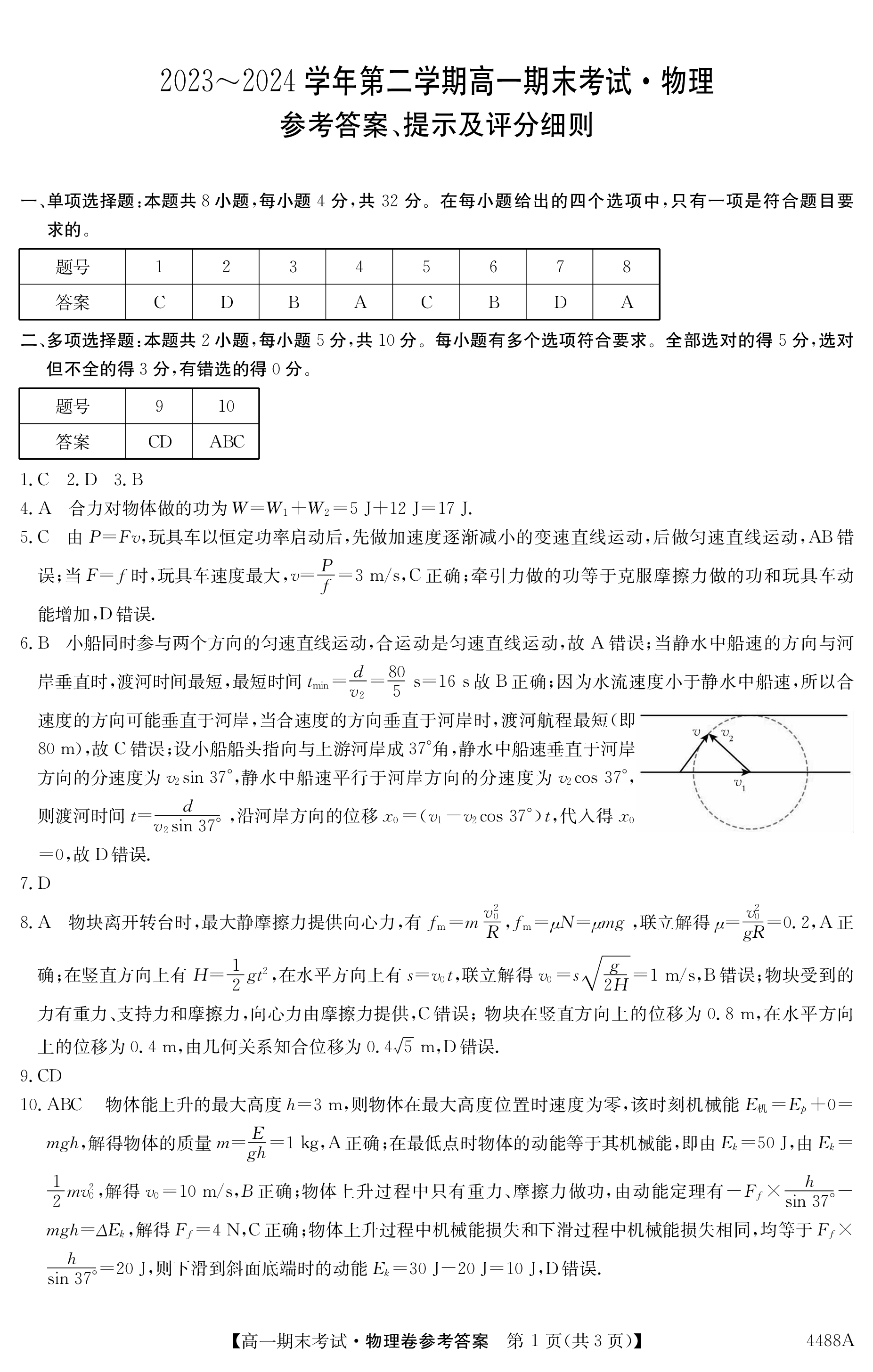 金太阳钦州市2024年春季学期高一期末教学质量监测(24-573A)物理答案