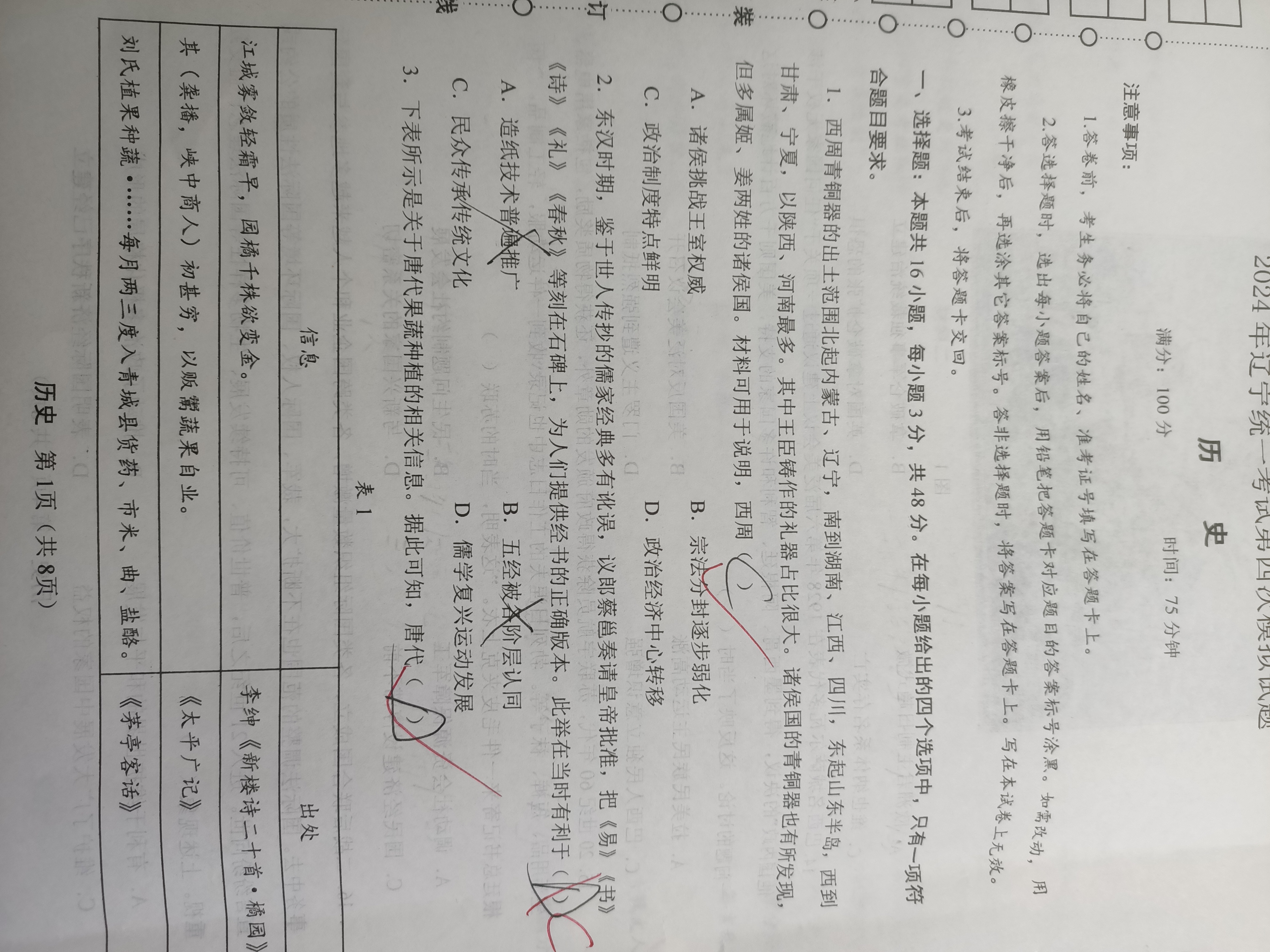 伯乐马 2024年普通高等学校招生新高考押题考试(一)1答案(历史)